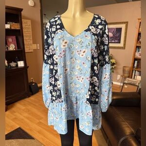 Suzanne Betro shades of blue, black & orange long sleeve Vneck tunic-size 1X